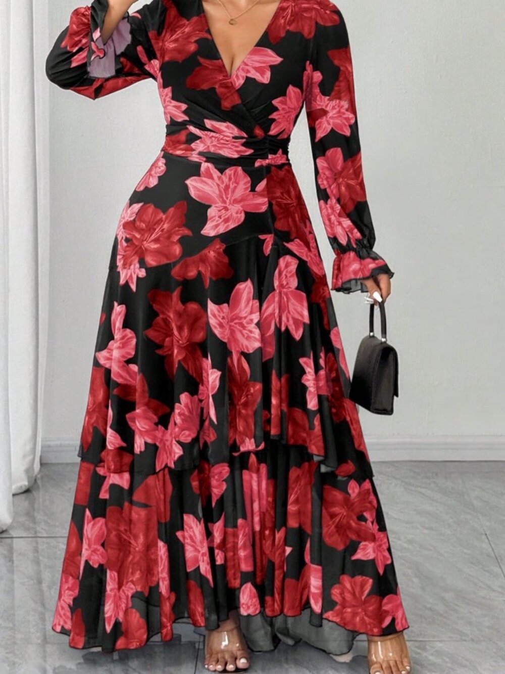 Red Boho Women's Ruffle Random Print V Neck Flare Sleeve A-Line Dress